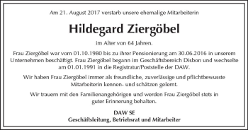 Traueranzeige von Hildegard Ziergöbel von Trauerportal Echo Online