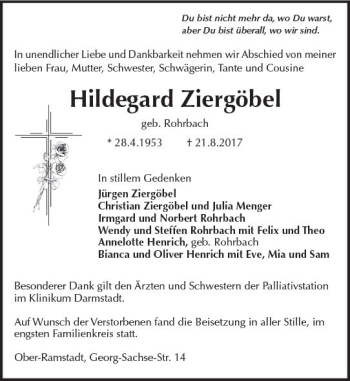 Traueranzeige von Hildegard Ziergöbel von Trauerportal Echo Online