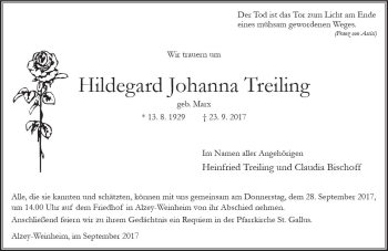 Traueranzeige von Hildegard Johanna Treiling von Trauerportal Rhein Main Presse
