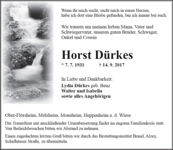 Traueranzeige von Horst Dürkes von Trauerportal Rhein Main Presse
