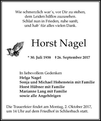 Traueranzeige von Horst Nagel von Trauerportal Echo Online