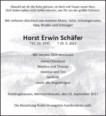 Traueranzeige von Horst Erwin Schäfer von  Gießener Anzeiger