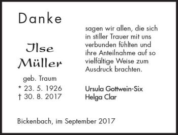 Traueranzeige von Ilse Müller von Trauerportal Echo Online