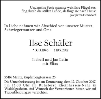Traueranzeige von Ilse Schäfer von Trauerportal Rhein Main Presse