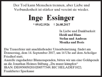Traueranzeige von Inge Essinger von Trauerportal Echo Online