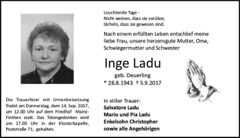 Traueranzeige von Inge Ladu von Trauerportal Rhein Main Presse