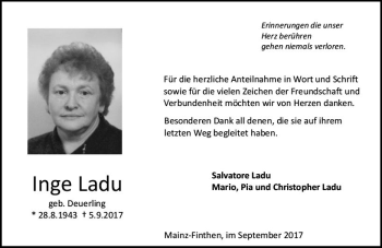 Traueranzeige von Inge Ladu von Trauerportal Rhein Main Presse