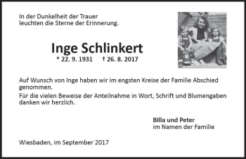 Traueranzeige von Inge Schlinkert von Trauerportal Rhein Main Presse