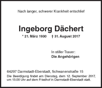 Traueranzeige von Ingeborg Dächert von Trauerportal Echo Online