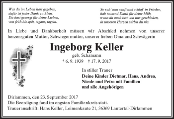 Traueranzeige von Ingeborg Keller von VRM Trauer