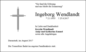 Traueranzeige von Ingeborg Wendlandt von Trauerportal Echo Online