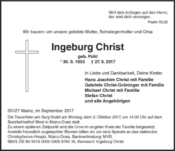 Traueranzeige von Ingeburg Christ von Trauerportal Rhein Main Presse