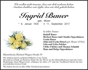 Traueranzeige von Ingrid Bauer von Trauerportal Rhein Main Presse