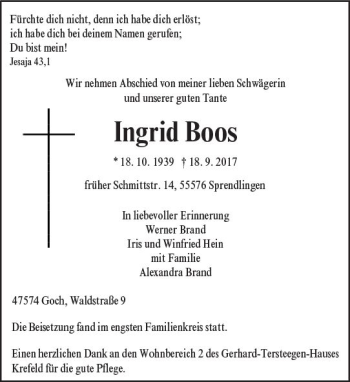 Traueranzeige von Ingrid Boos von Trauerportal Rhein Main Presse