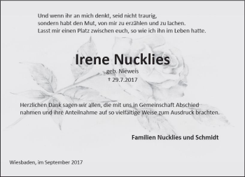 Traueranzeige von Irene Nucklies von Trauerportal Rhein Main Presse