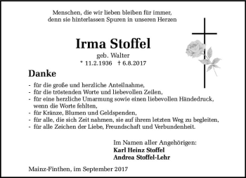 Traueranzeige von Irma Stoffel von Trauerportal Rhein Main Presse