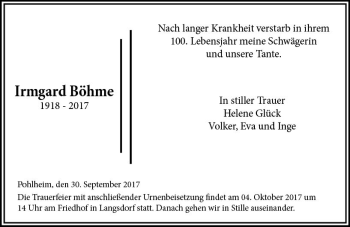 Traueranzeige von Irmgard Böhme von  Gießener Anzeiger