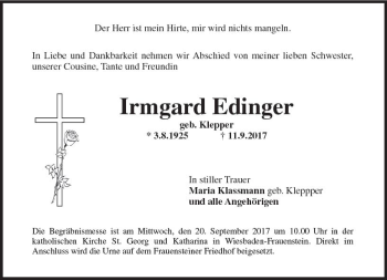 Traueranzeige von Irmgard Edinger von Trauerportal Rhein Main Presse