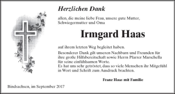 Traueranzeige von Irmgard Haas von  Kreisanzeiger