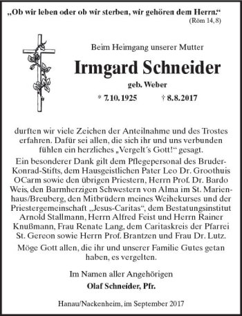 Traueranzeige von Irmgard Schneider von Trauerportal Rhein Main Presse