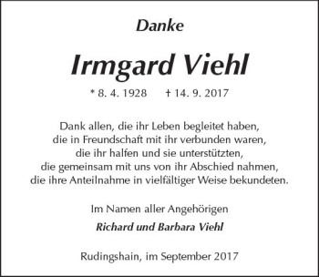 Traueranzeige von Irmgard Viehl von  Kreisanzeiger