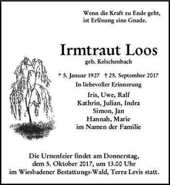 Traueranzeige von Irmtraut Loos von Trauerportal Rhein Main Presse