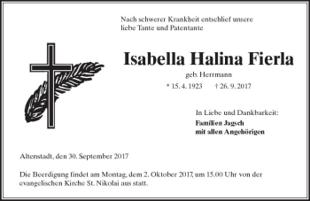 Traueranzeige von Isabella Halina Fierla von  Kreisanzeiger