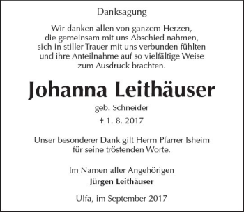 Traueranzeige von Johanna Leithäuser von  Kreisanzeiger