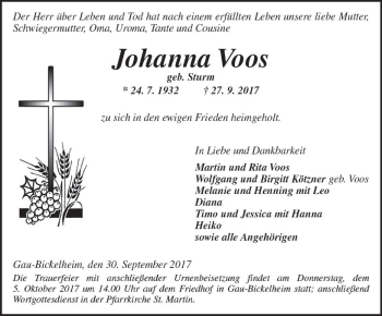 Traueranzeige von Johanna Voos von Trauerportal Rhein Main Presse