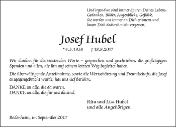 Traueranzeige von Josef Hubel von Trauerportal Rhein Main Presse