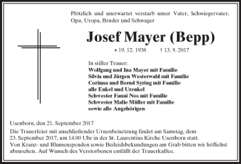 Traueranzeige von Josef Mayer von  Kreisanzeiger