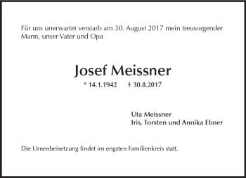 Traueranzeige von Josef Meissner von Trauerportal Rhein Main Presse