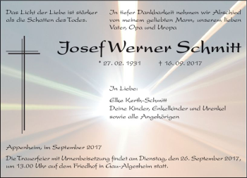 Traueranzeige von Josef Werner Schmitt von Trauerportal Rhein Main Presse