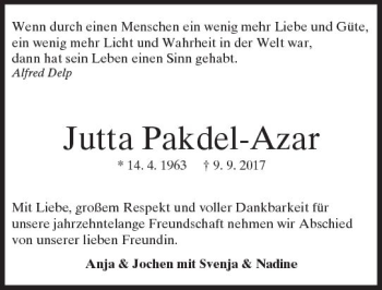 Traueranzeige von Jutta Pakdel-Azar von Trauerportal Echo Online