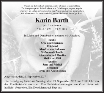 Traueranzeige von Karin Barth von VRM Trauer