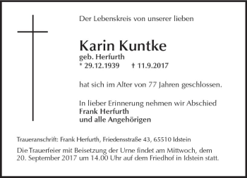 Traueranzeige von Karin Kuntke von Trauerportal Rhein Main Presse