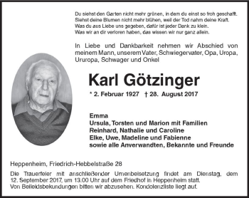 Traueranzeige von Karl Götzinger von Trauerportal Echo Online
