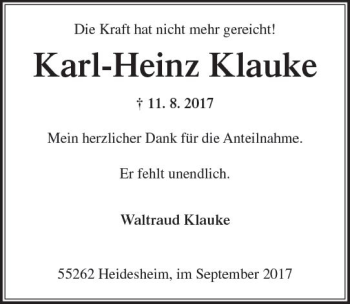 Traueranzeige von Karl-Heinz Klauke von Trauerportal Rhein Main Presse