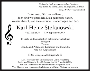 Traueranzeige von Karl-Heinz Stefanowski von  Usinger Anzeiger