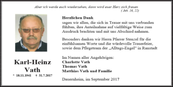 Traueranzeige von Karl-Heinz Vath von  Kreisanzeiger