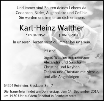 Traueranzeige von Karl-Heinz Walther von Trauerportal Echo Online