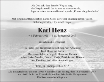 Traueranzeige von Karl Henz von  Usinger Anzeiger