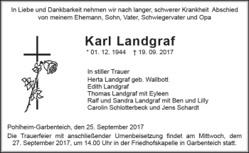 Traueranzeige von Karl Landgraf von  Gießener Anzeiger