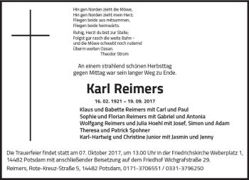 Traueranzeige von Karl Reimers von Trauerportal Rhein Main Presse