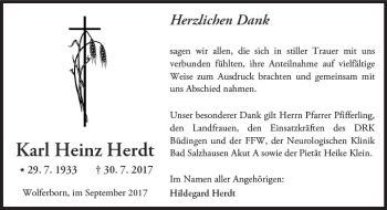Traueranzeige von Karl Heinz Herdt von  Kreisanzeiger