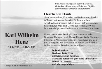 Traueranzeige von Karl Wilhelm Henz von  Usinger Anzeiger