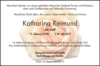 Traueranzeige von Katharina Reimund von Trauerportal Echo Online