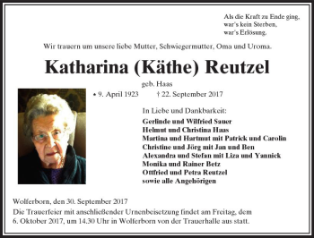 Traueranzeige von Katharina Reutzel von  Kreisanzeiger