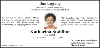 Traueranzeige von Katharina Stahlhut von Trauerportal Rhein Main Presse