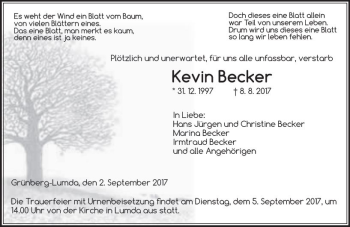 Traueranzeige von Kevin Becker von  Gießener Anzeiger